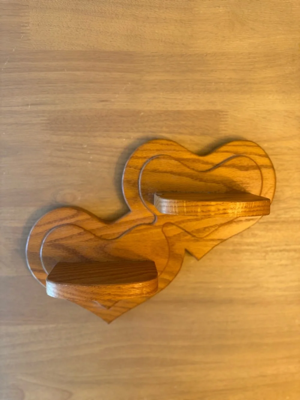 Vintage handmade Heart-Shaped Wooden Wall Shelf Duo - Warm Oak Finish